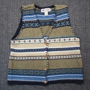 Vintage All Week Long Linen Sweater Vest S Blue Beige Beaded Coastal Grandma 80s